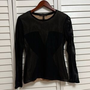 BCBGMaxAzria Navy and Beige Mesh Long Sleeve Top